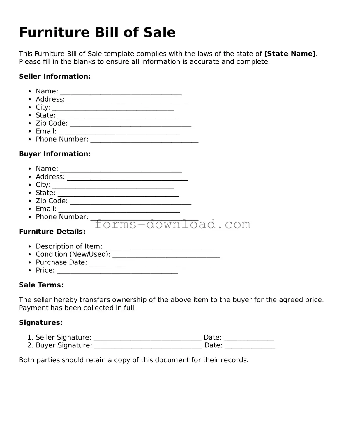 Fillable Furniture Bill of Sale Form