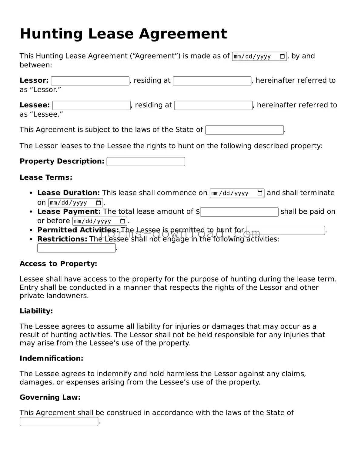 Fillable Hunting Lease Agreement Form