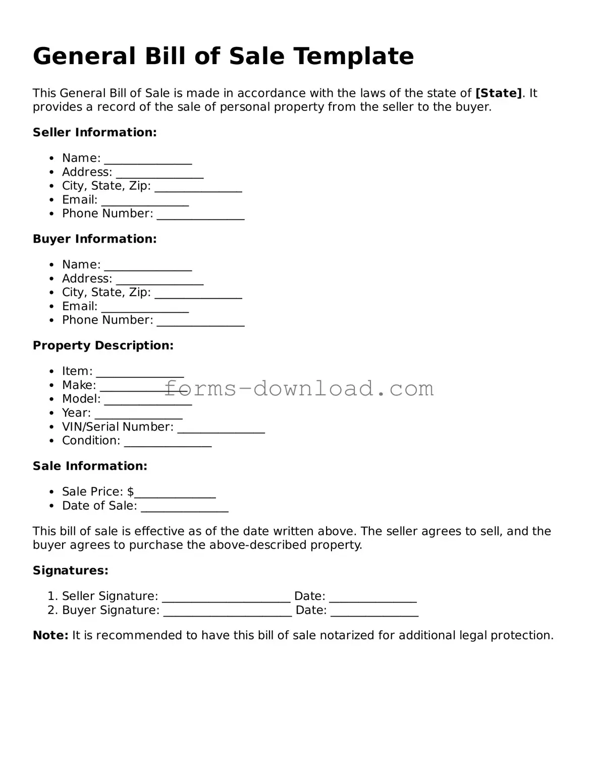 Fillable General Bill of Sale Form