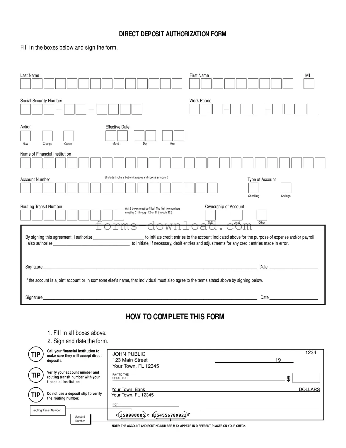 Blank Generic Direct Deposit Form