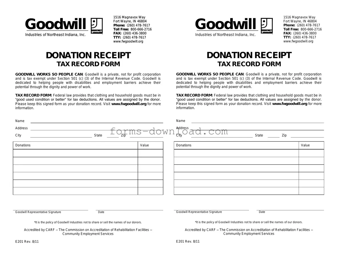 Blank Goodwill donation receipt Form