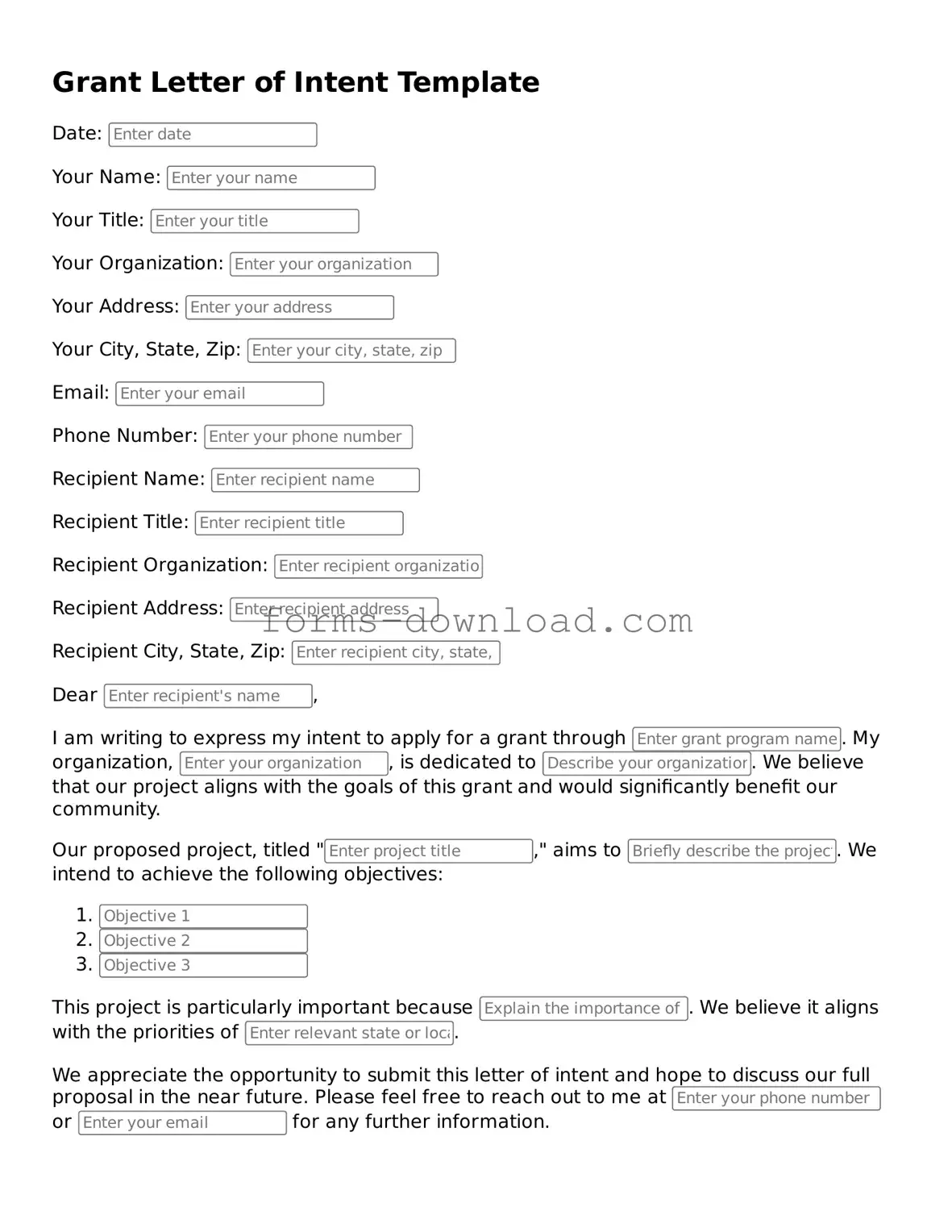 Fillable Grant Letter of Intent Form