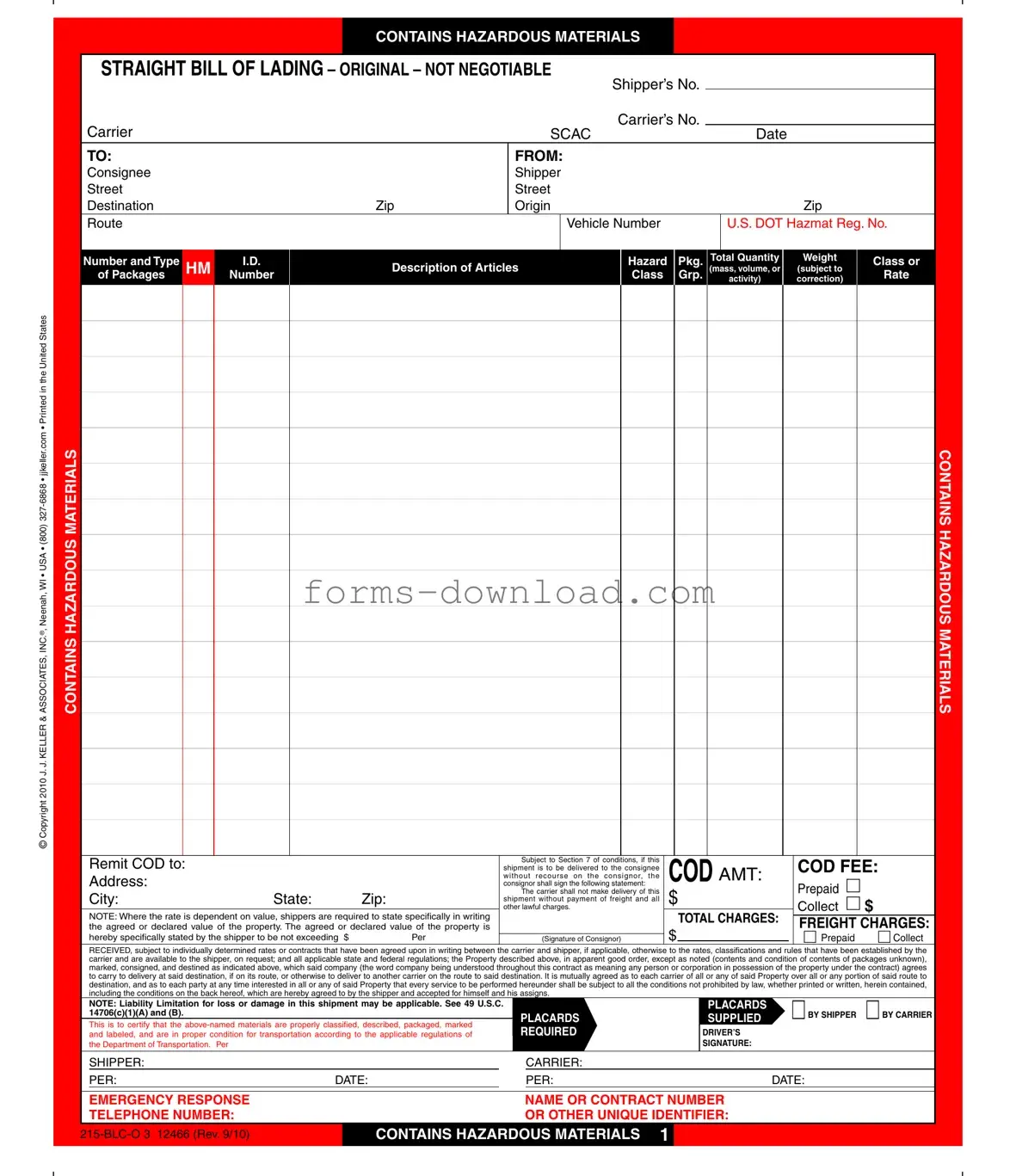 Blank Hazard Bill Of Ladden Form