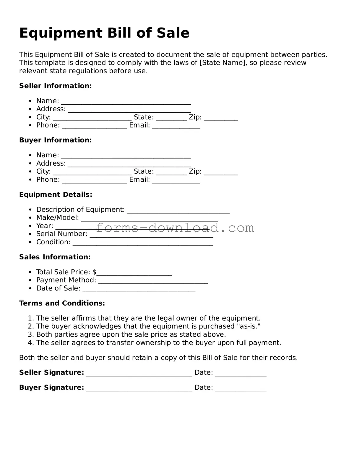 Fillable Equipment Bill of Sale Form