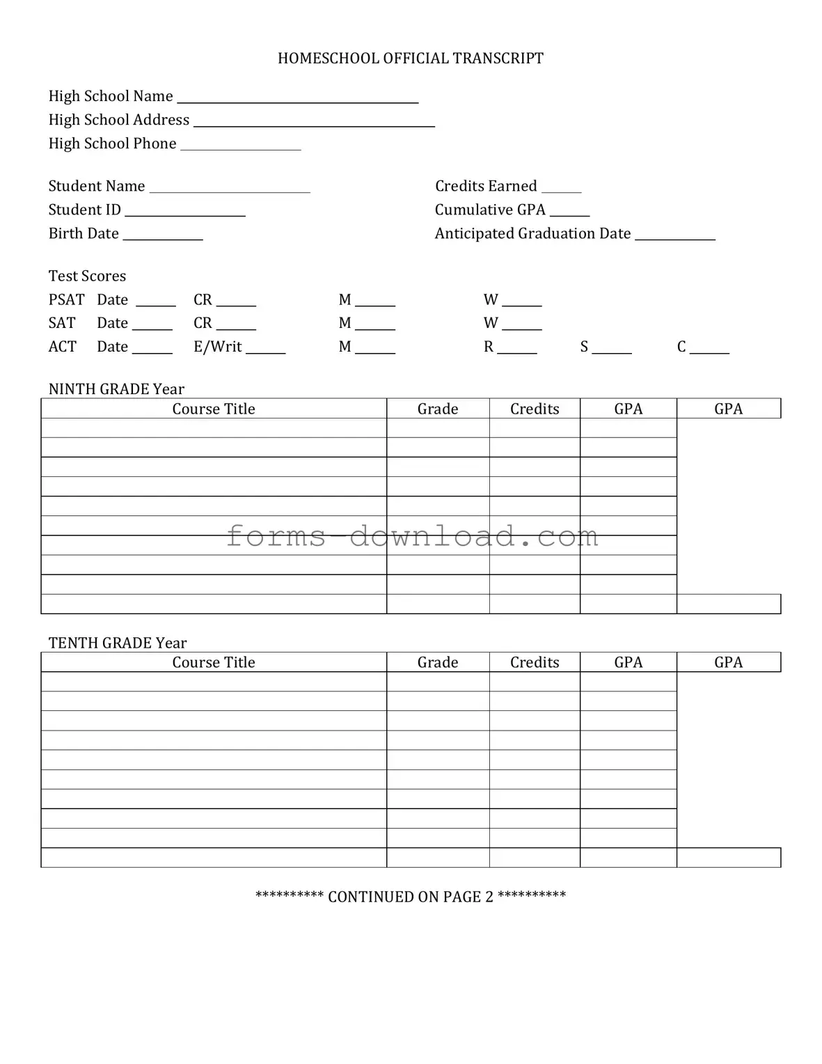 Blank High School Transcript Form