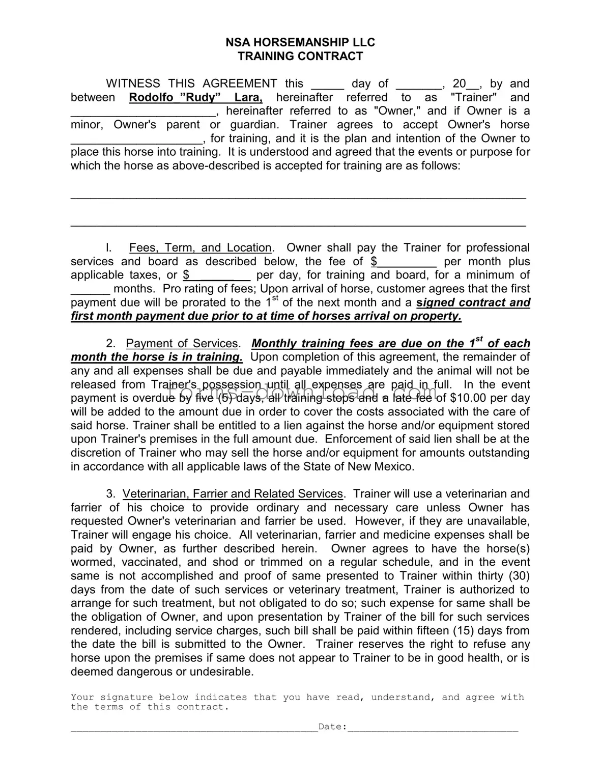 Blank Horse Training Contract Form
