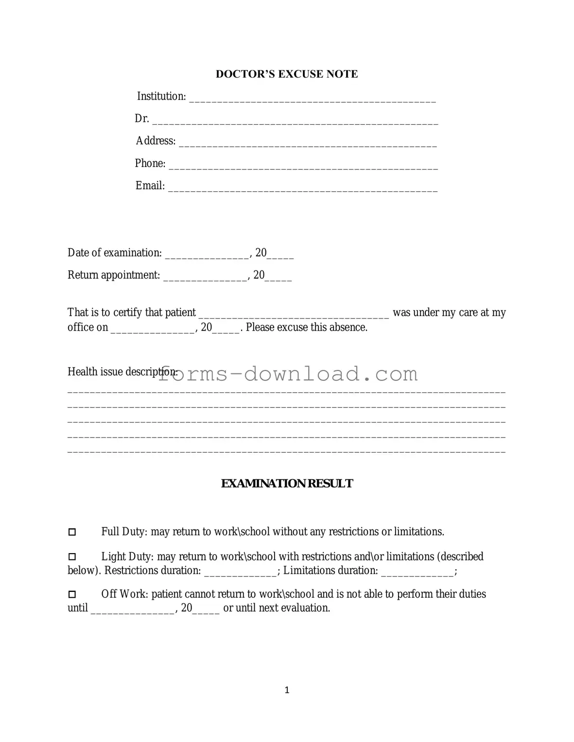 Blank Doctors Excuse Note Form