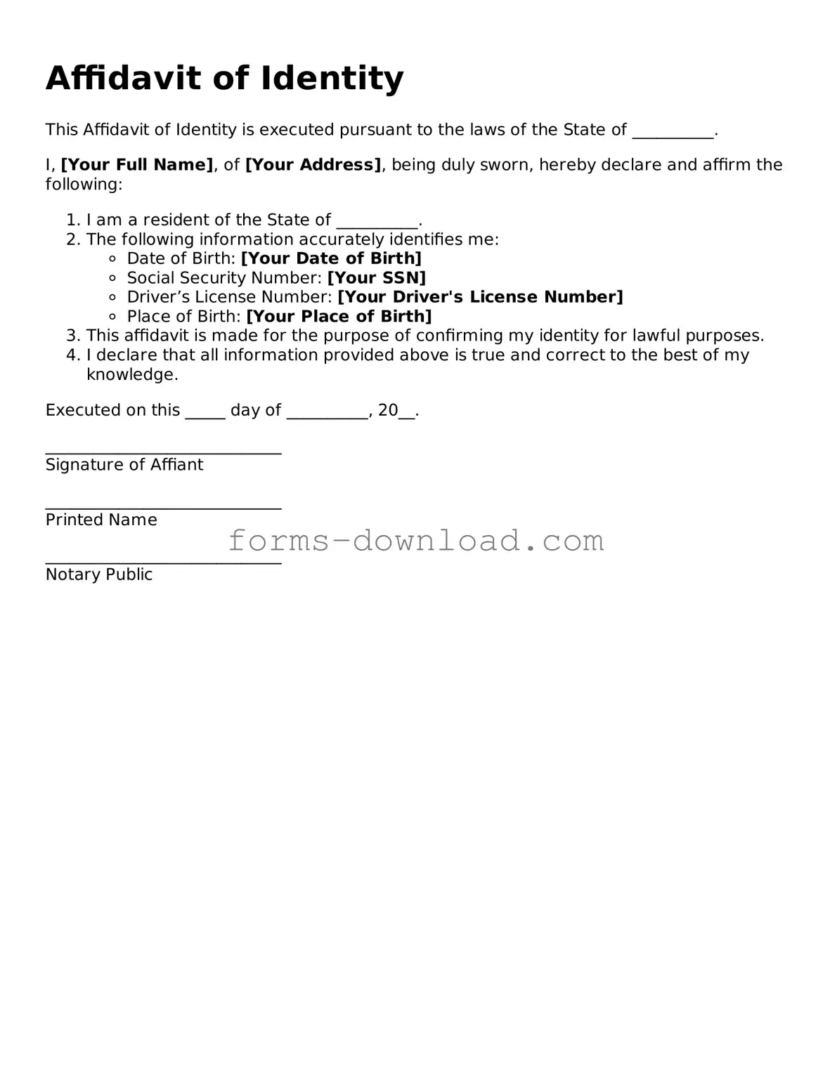 Fillable Affidavit of Identity Form