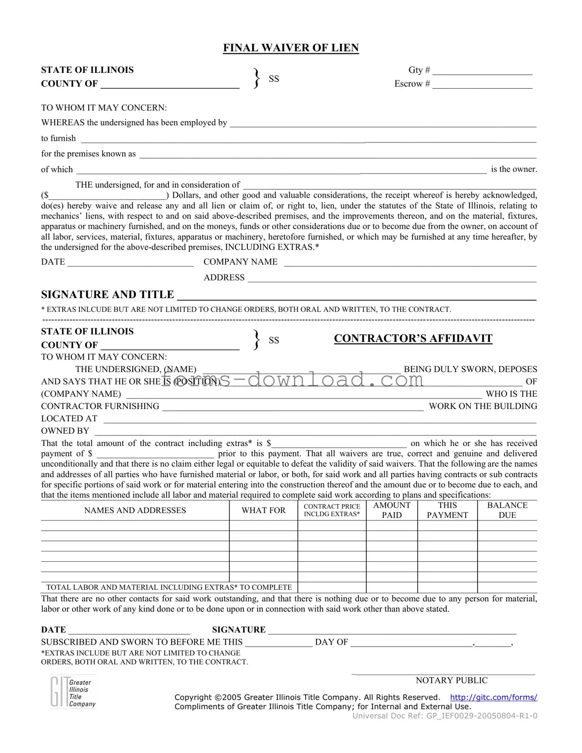 Blank Illinois Final Waiver Of Lien Form