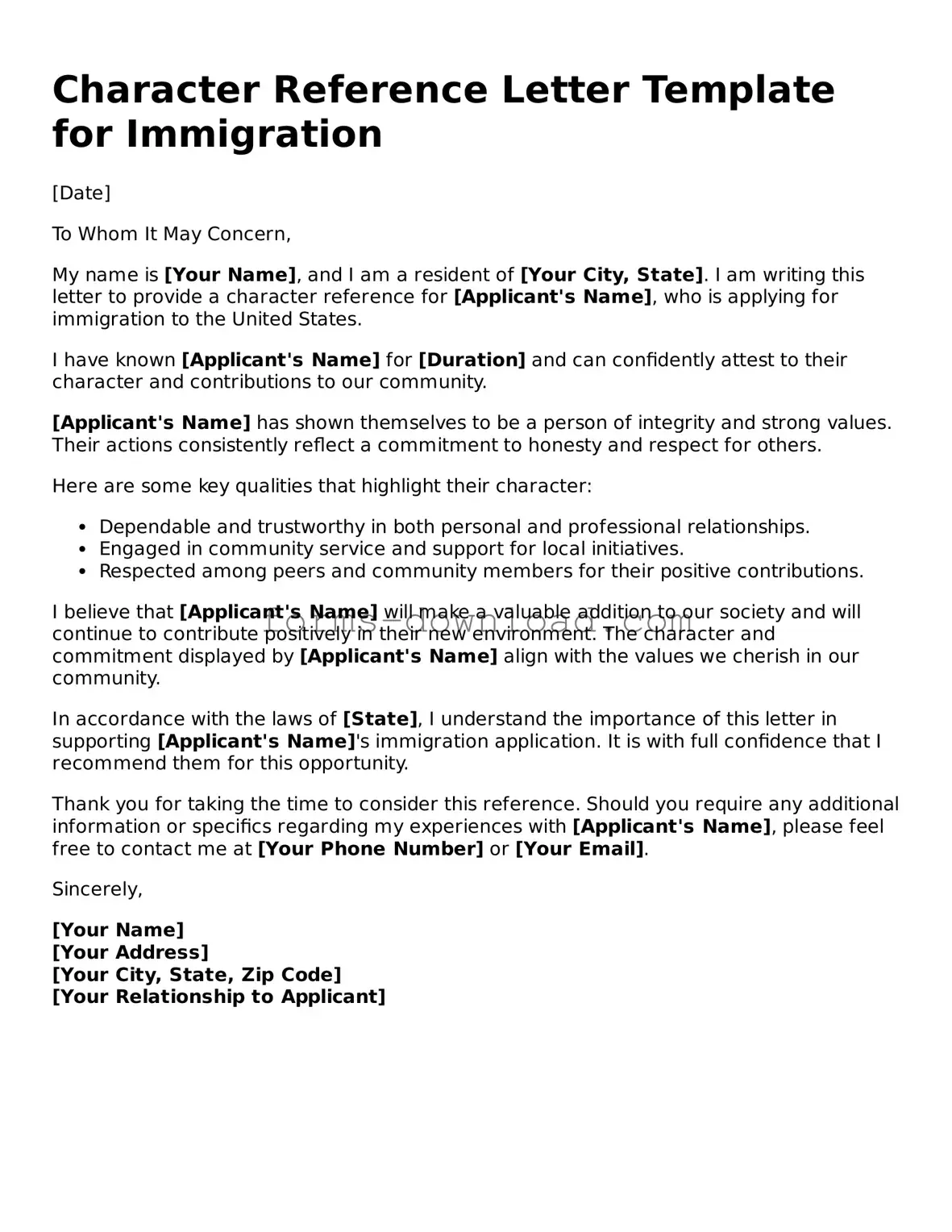 Fillable Character Reference Letter for Immigration Form