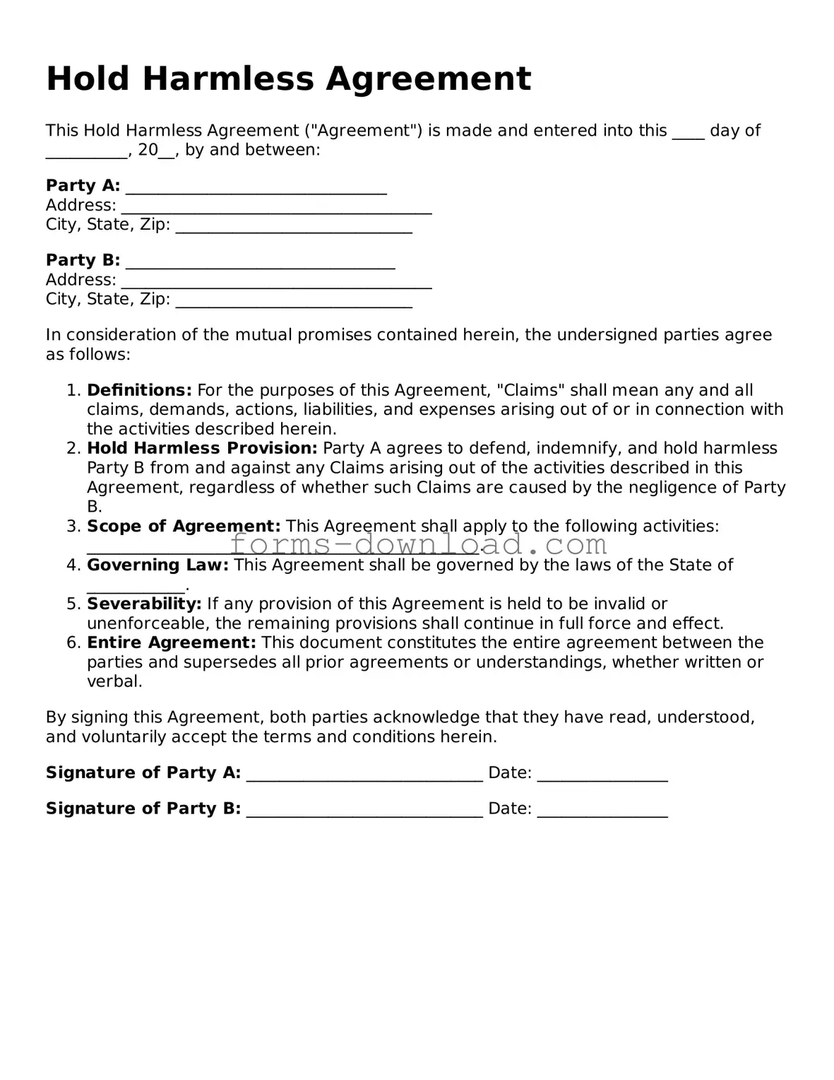 Fillable Hold Harmless Agreement Form