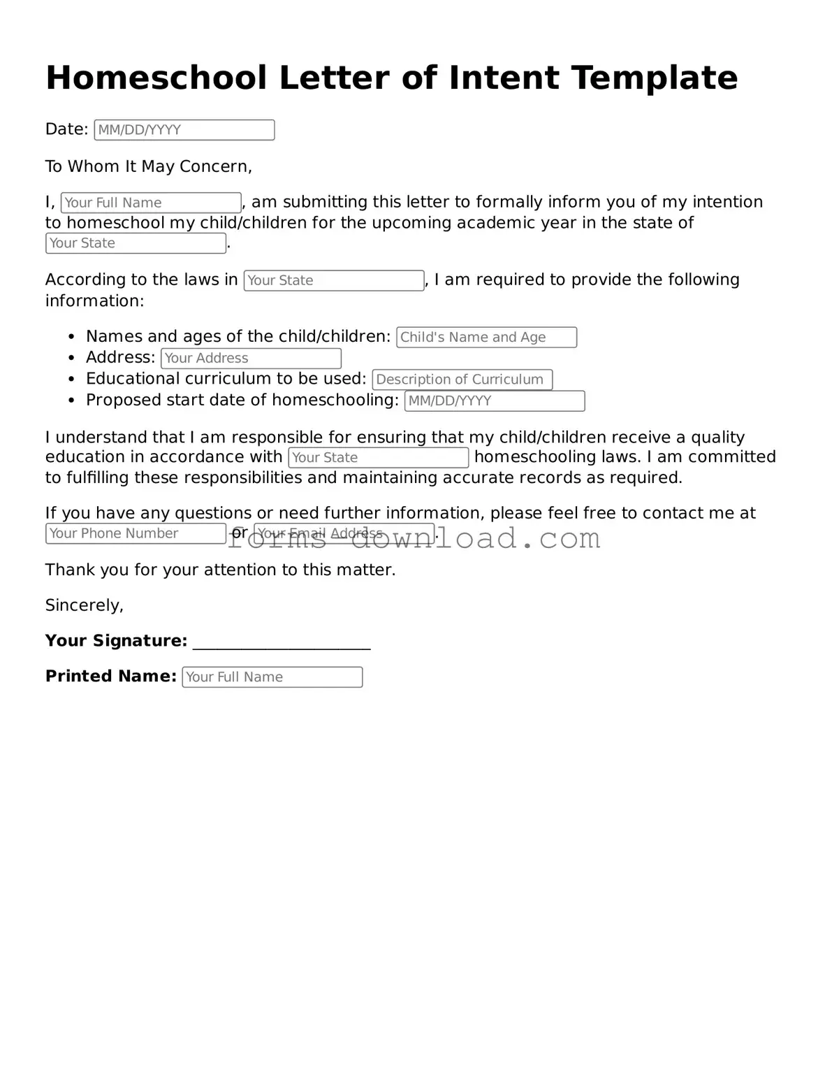 Fillable Homeschool Letter of Intent Form