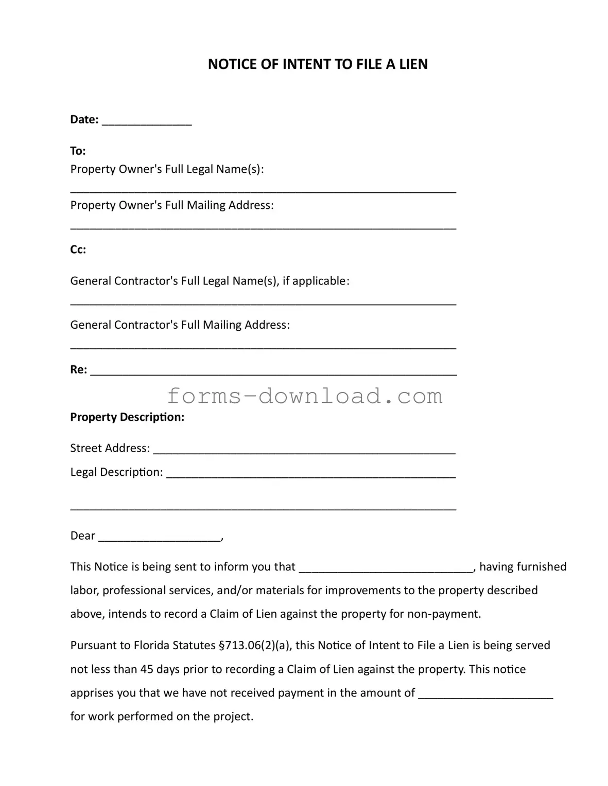 Blank Intent To Lien Florida Form