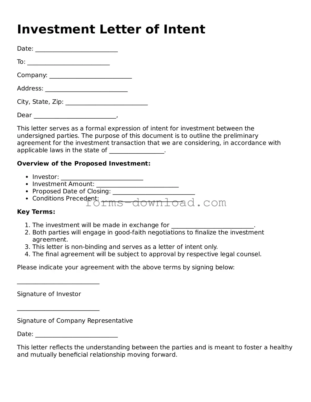 Fillable Investment Letter of Intent Form