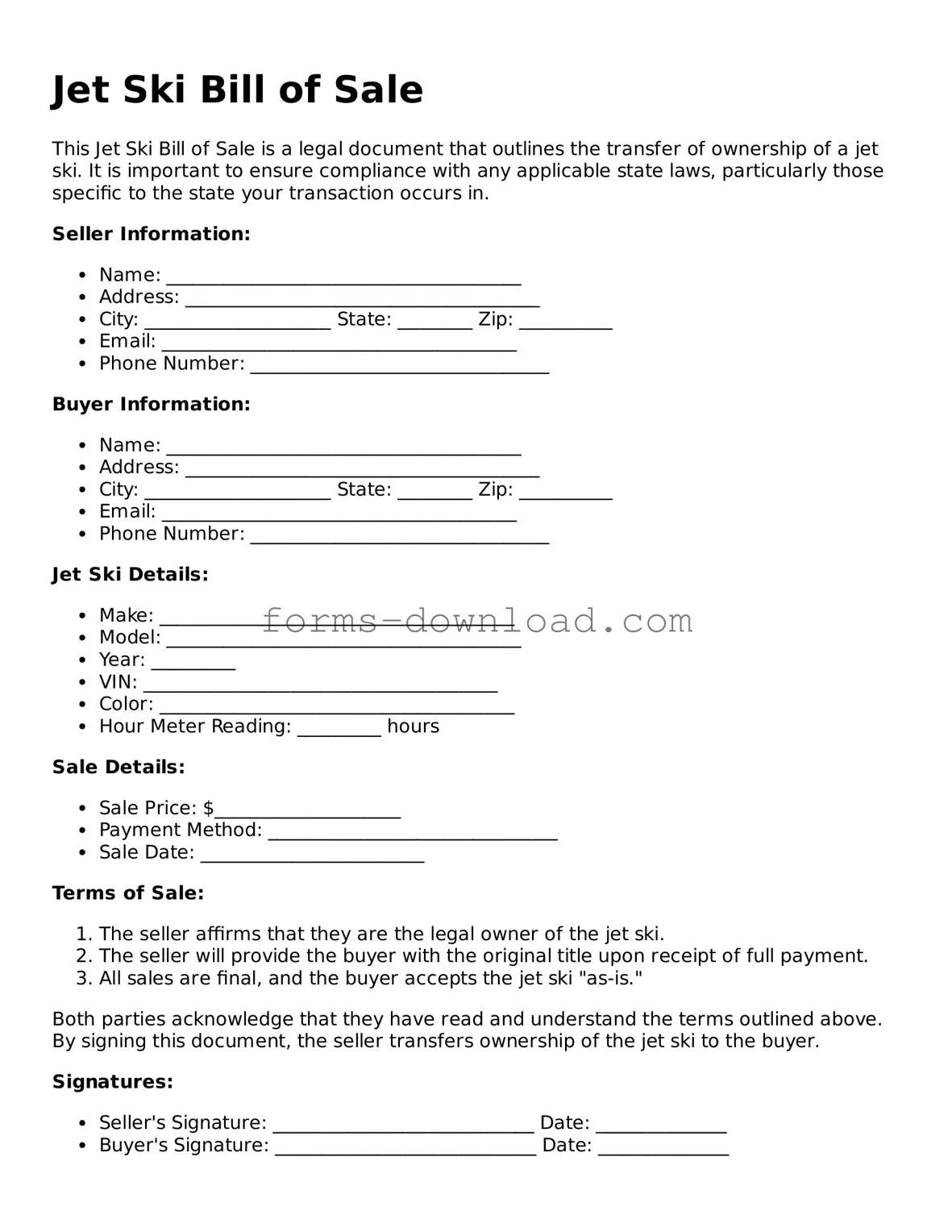 Fillable Jet Ski Bill of Sale Form