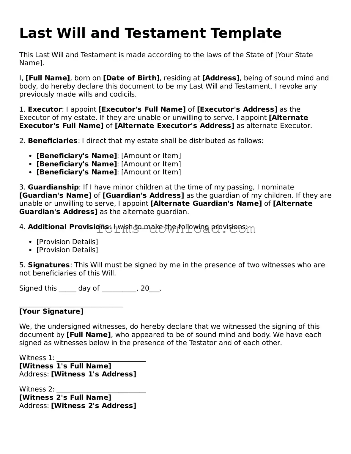 Fillable Last Will and Testament Form