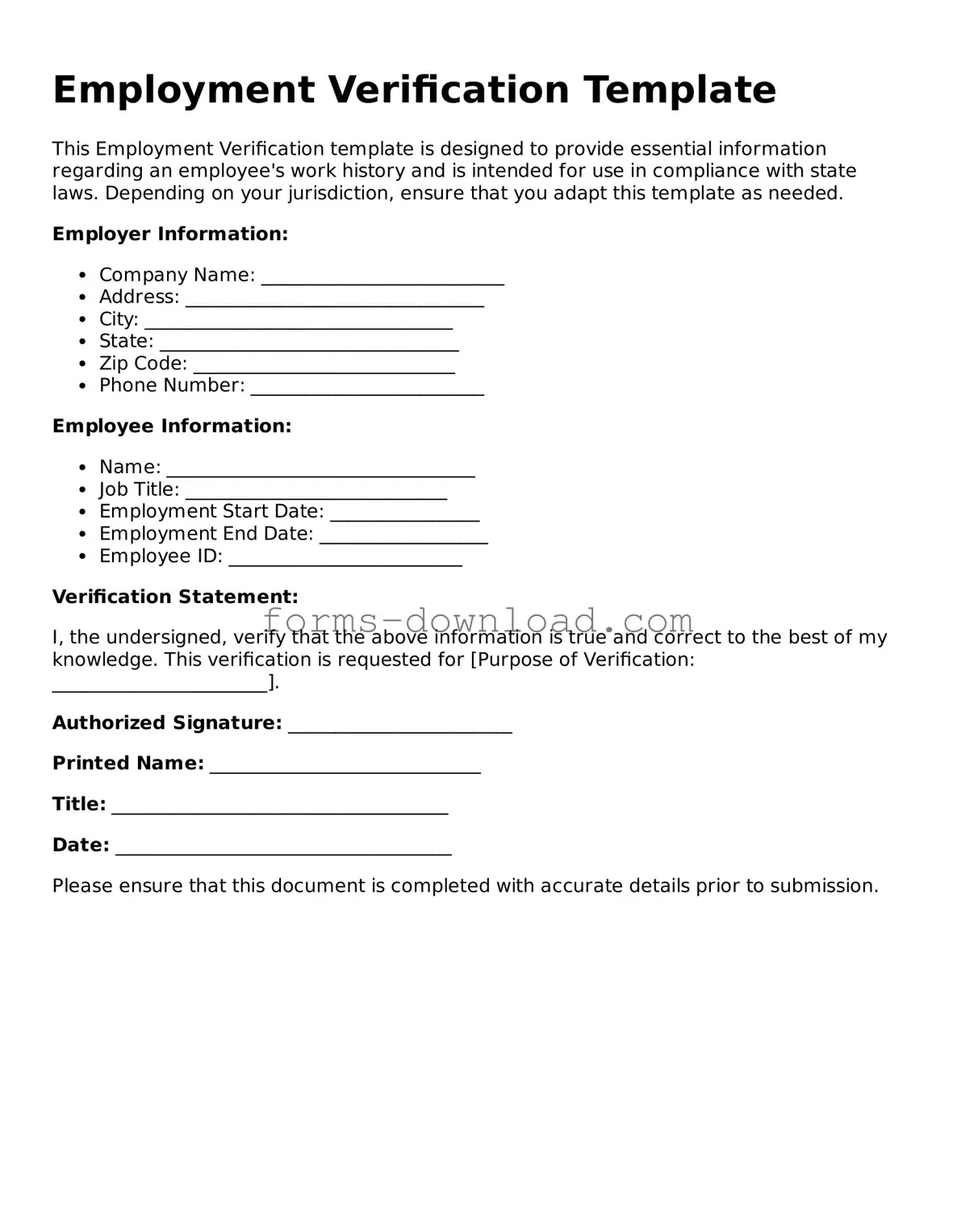 Fillable Employment Verification Form