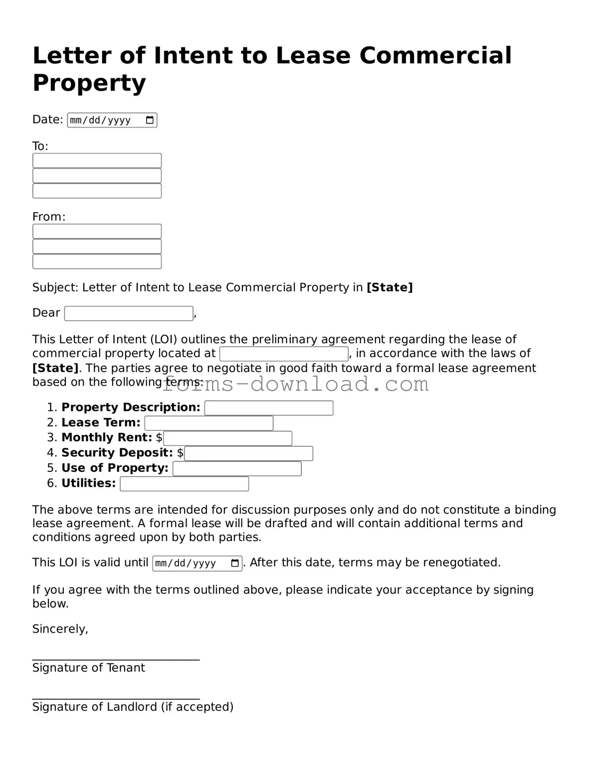 Fillable Letter of Intent to Lease Commercial Property Form