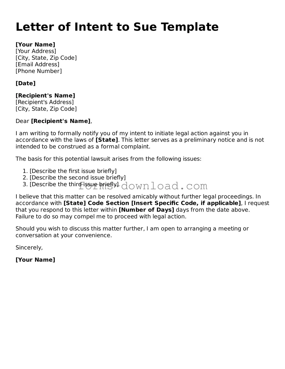 Fillable Letter of Intent to Sue Form