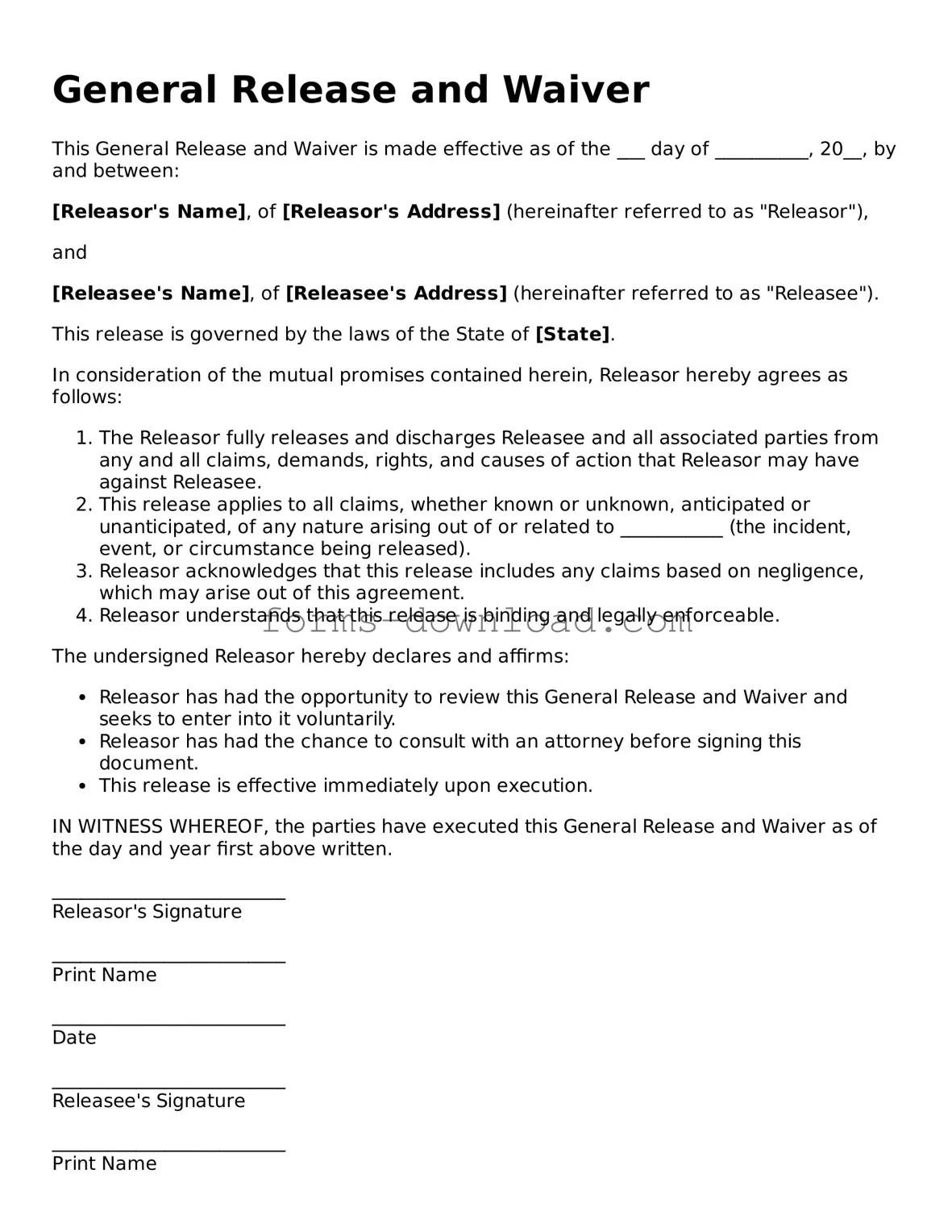 Fillable General Release and Waiver Form
