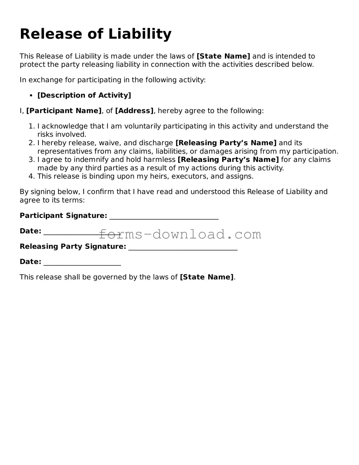 Fillable Release of Liability Form
