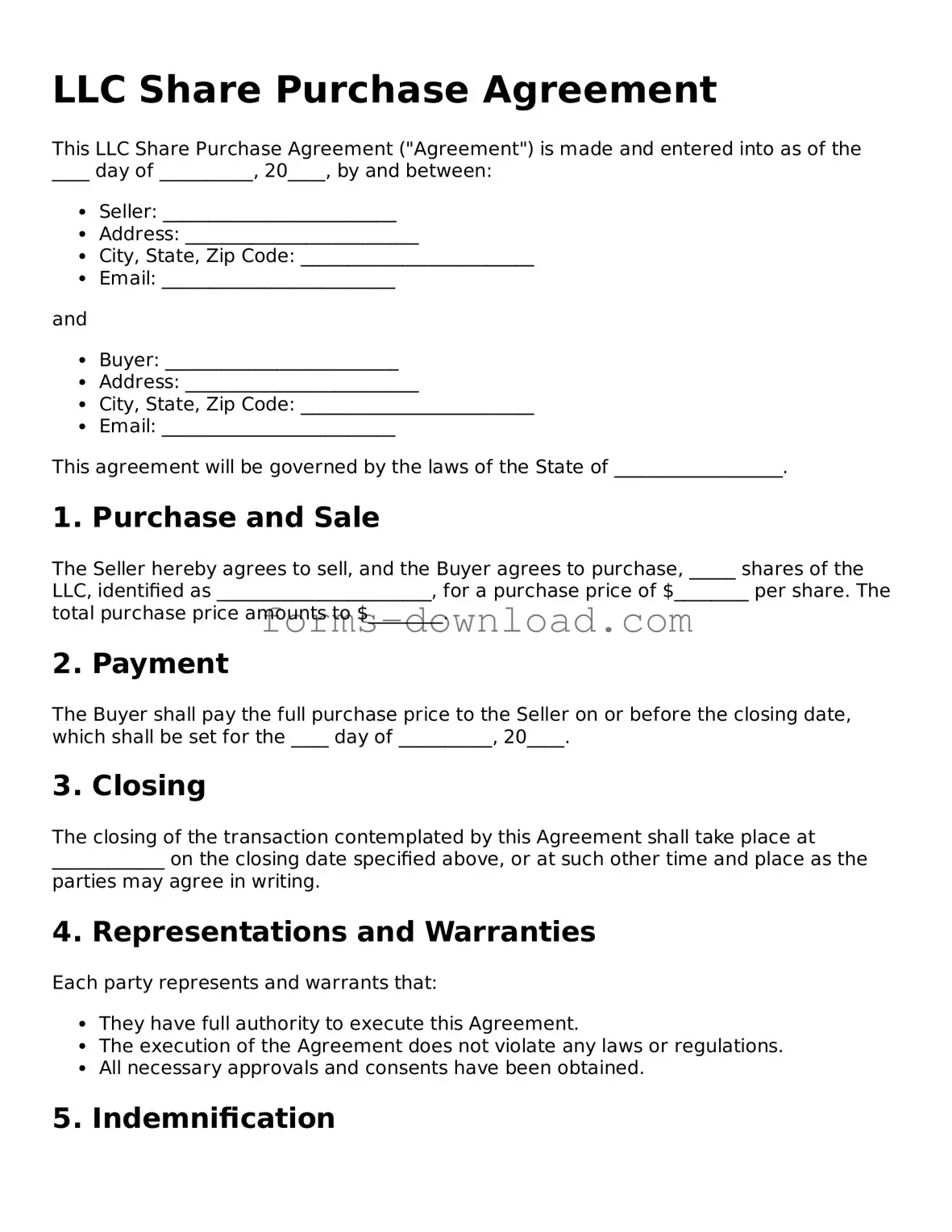 Fillable LLC Share Purchase Agreement Form