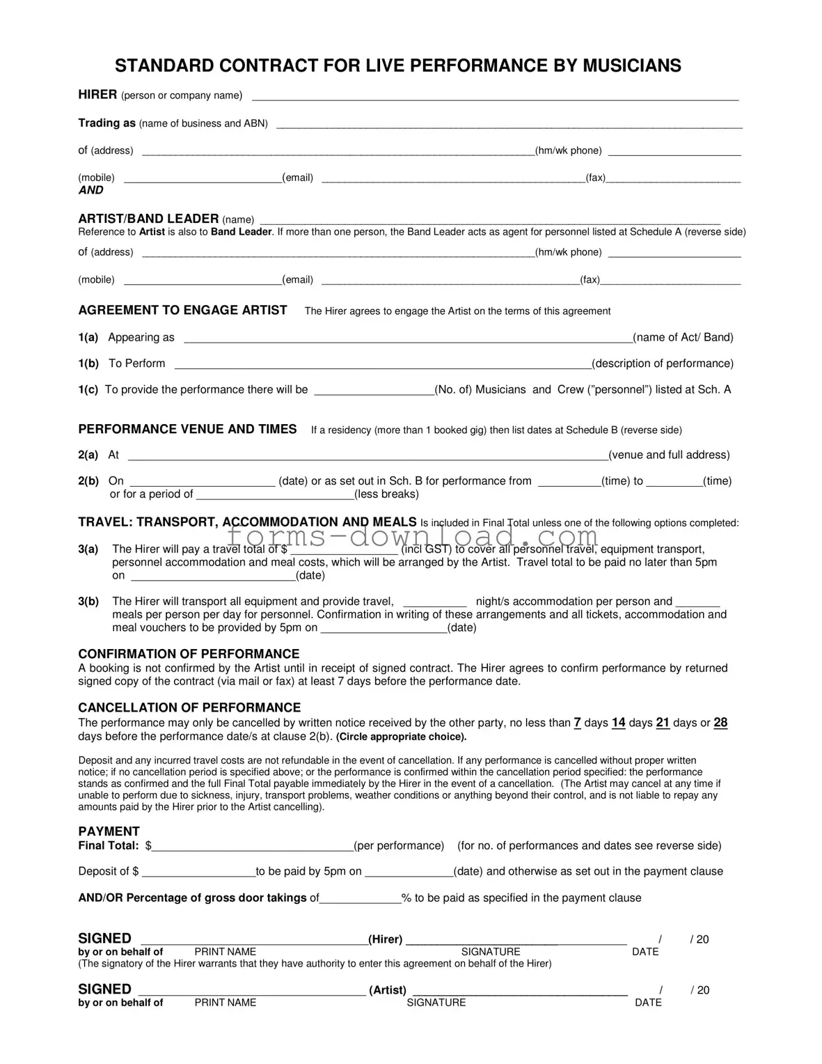 Blank Live Performance Contract Form