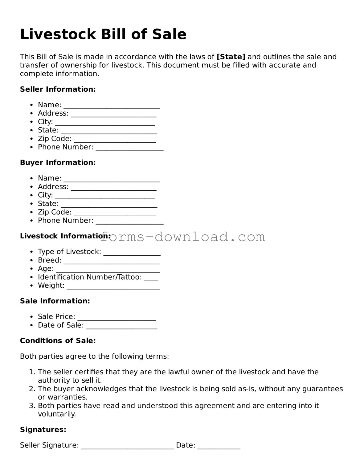 Fillable Livestock Bill of Sale Form