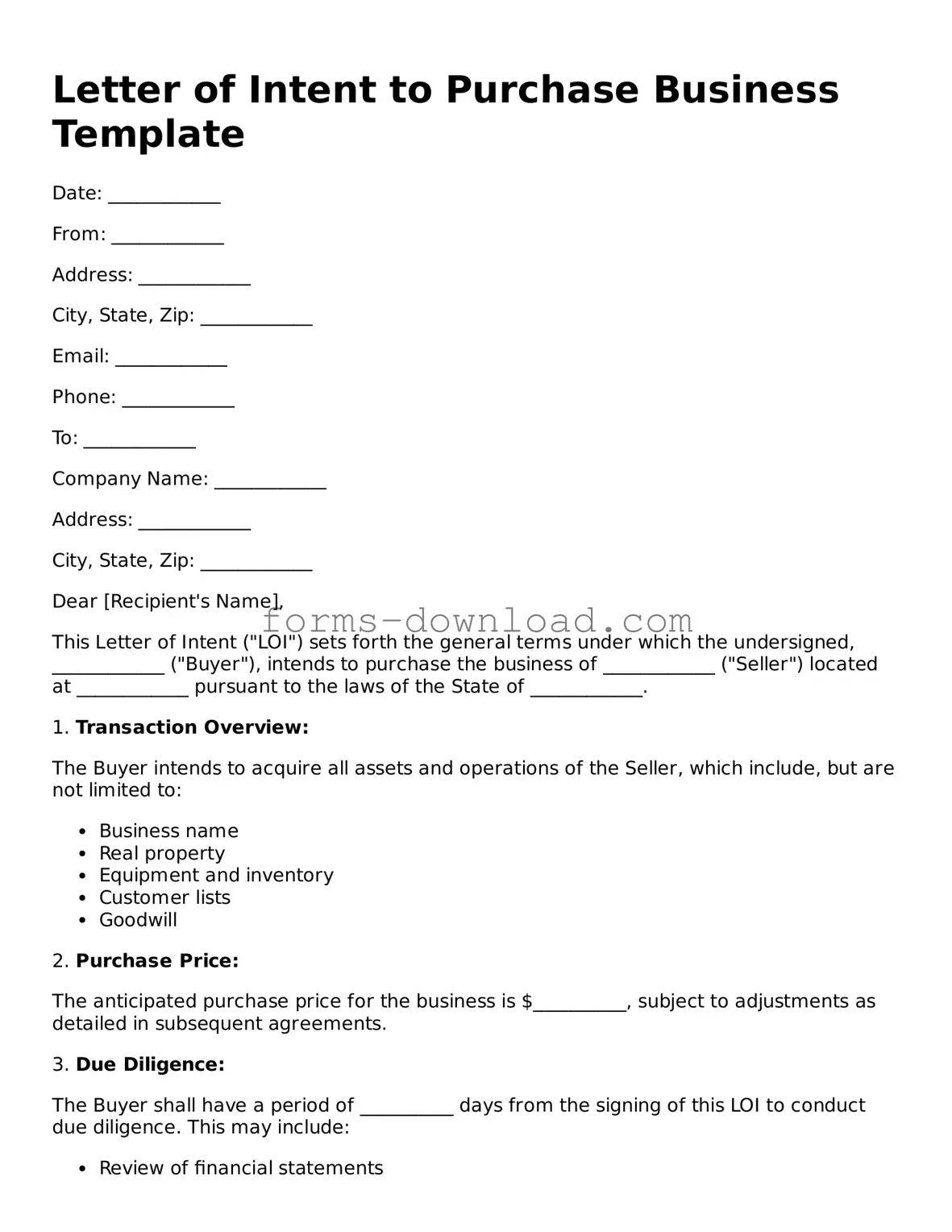 Fillable Letter of Intent to Purchase Business Form