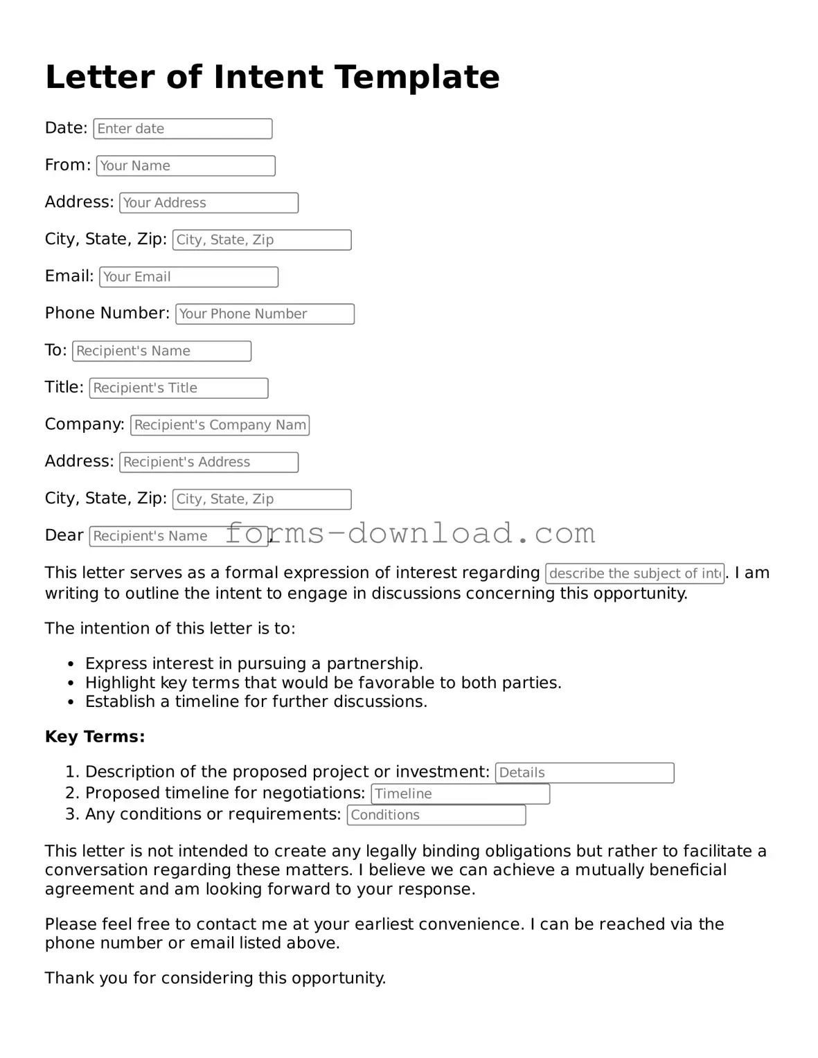 Fillable Letter of Intent Form
