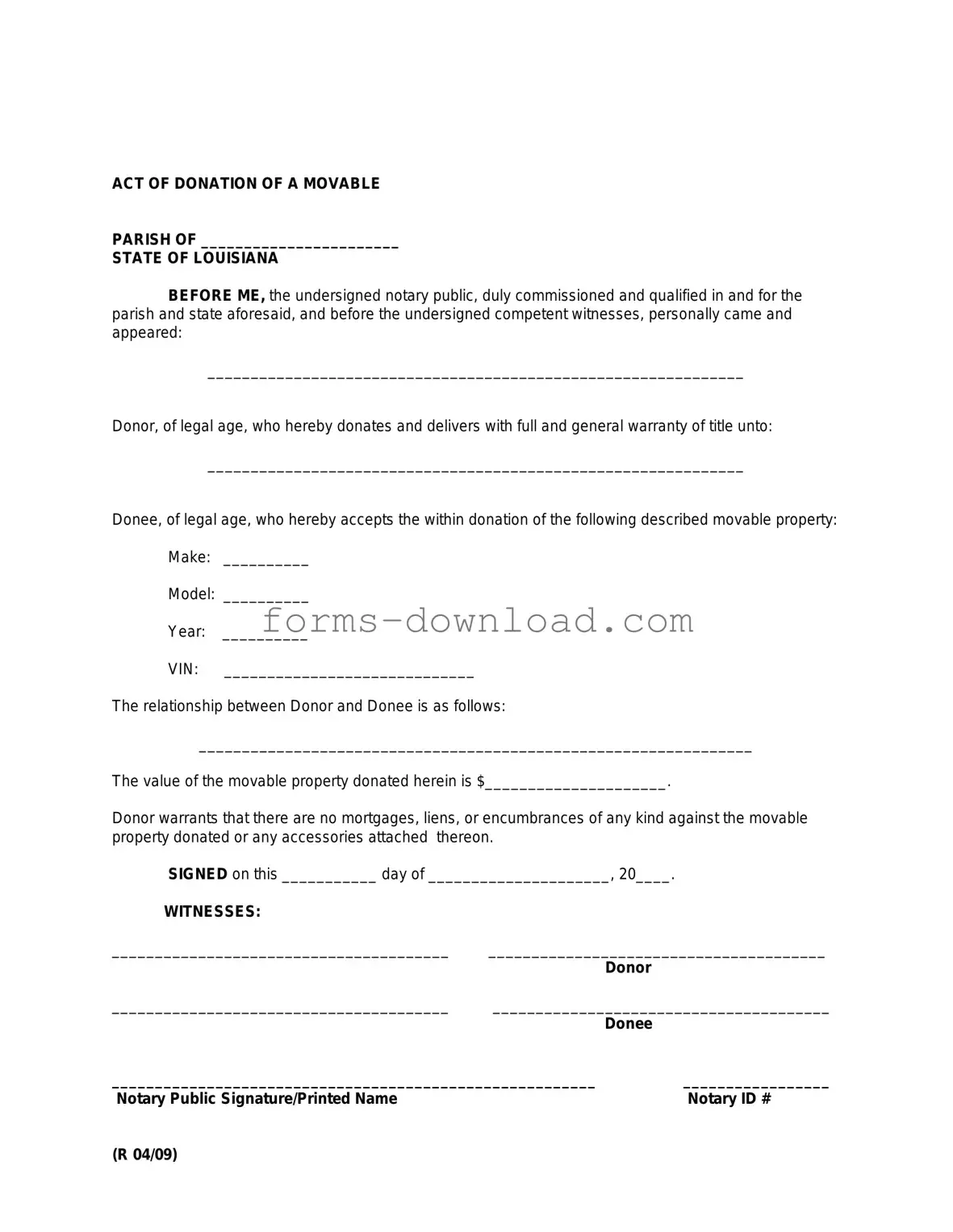 Blank Louisiana act of donation Form