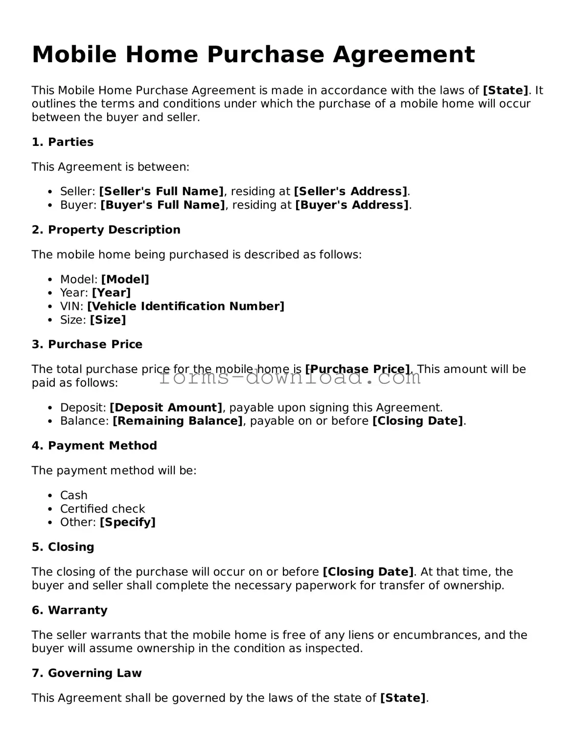 Fillable Mobile Home Purchase Agreement Form