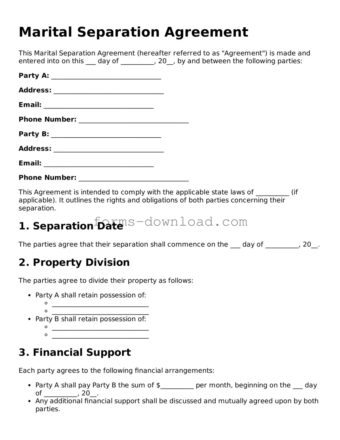 Fillable Marital Separation Agreement Form
