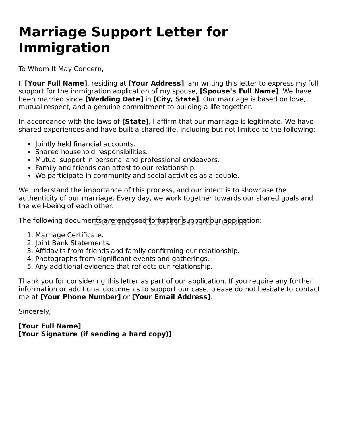 Fillable Marriage Support Letter for Immigration Form