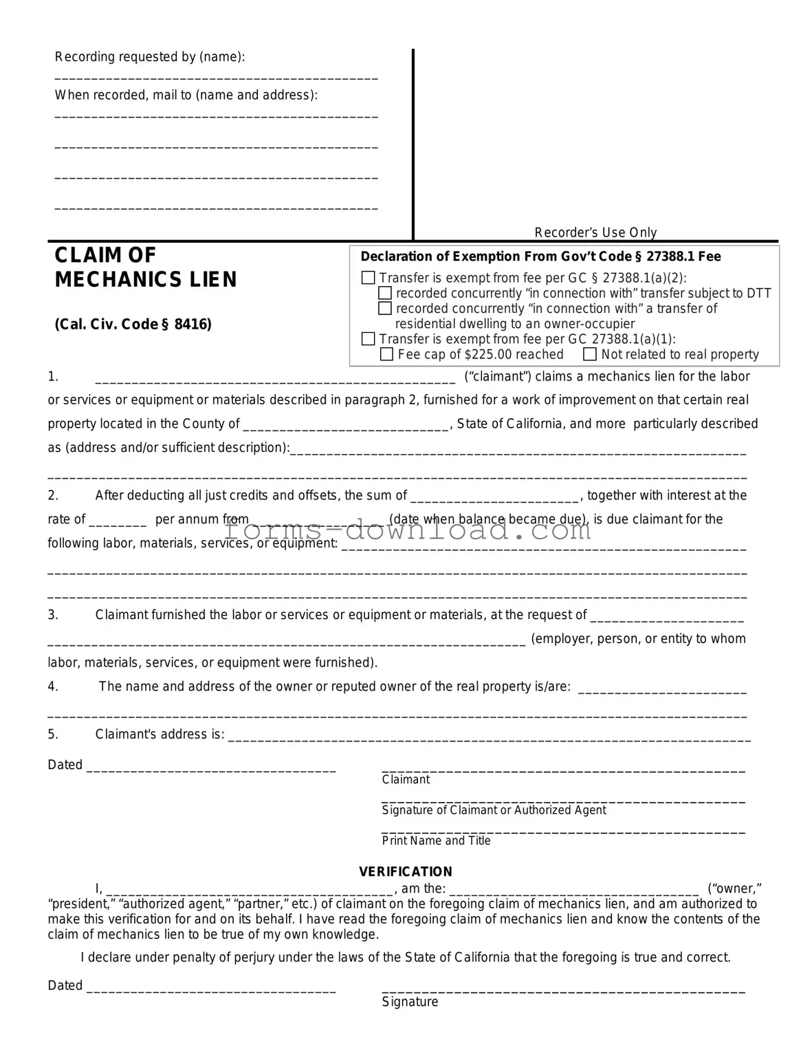 Blank Mechanics Lien California Form
