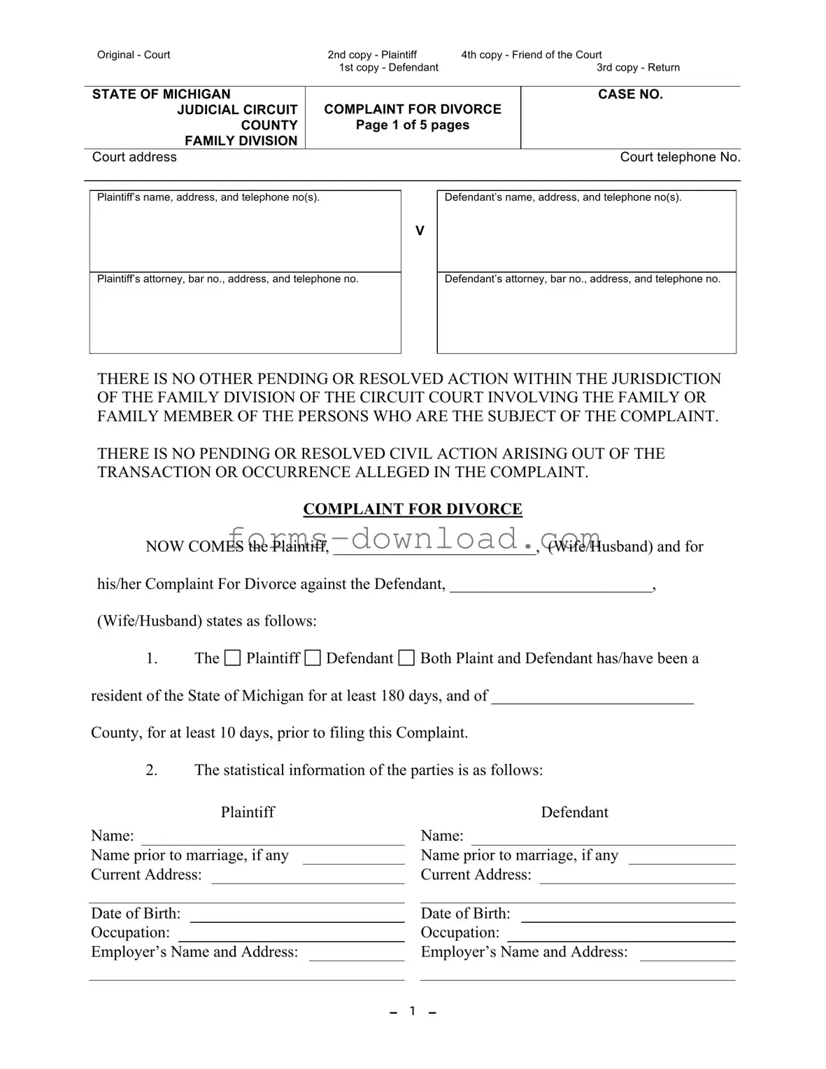Blank Michigan Complaint Divorce Form