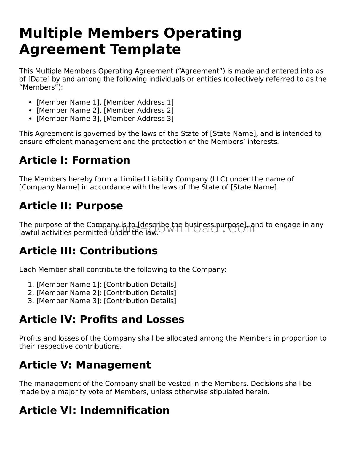 Fillable Multiple Members Operating Agreement Form