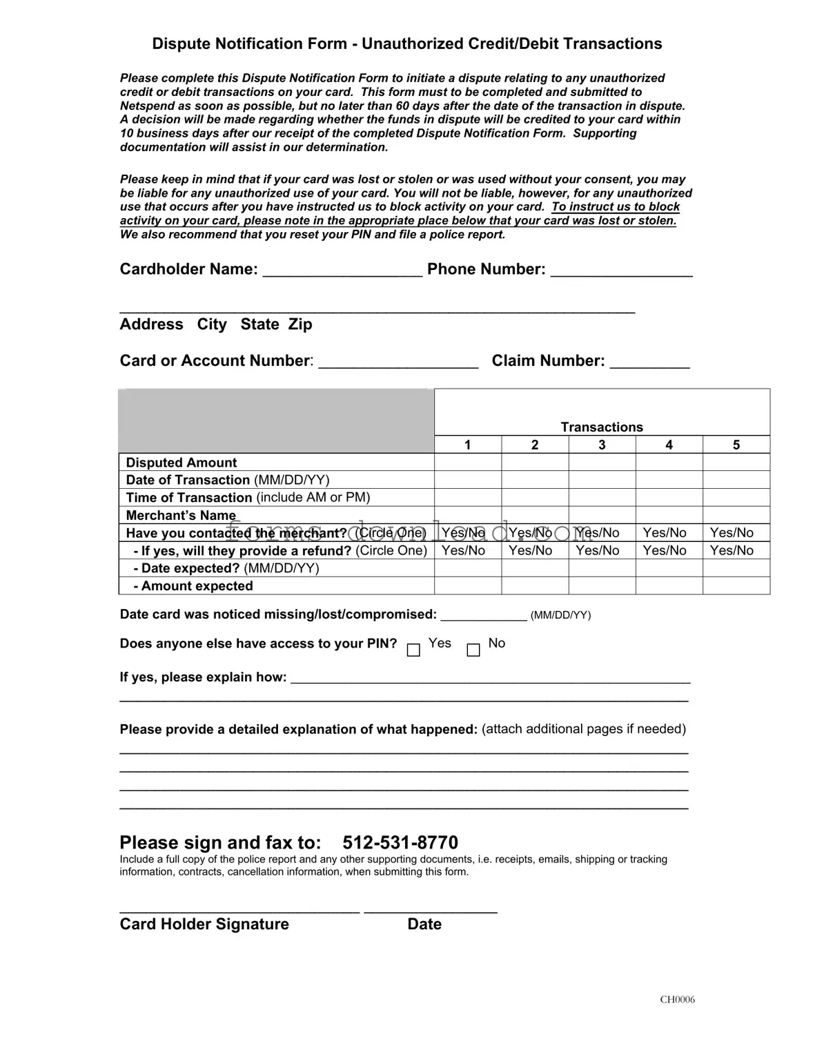 Blank Netspend Dispute Form