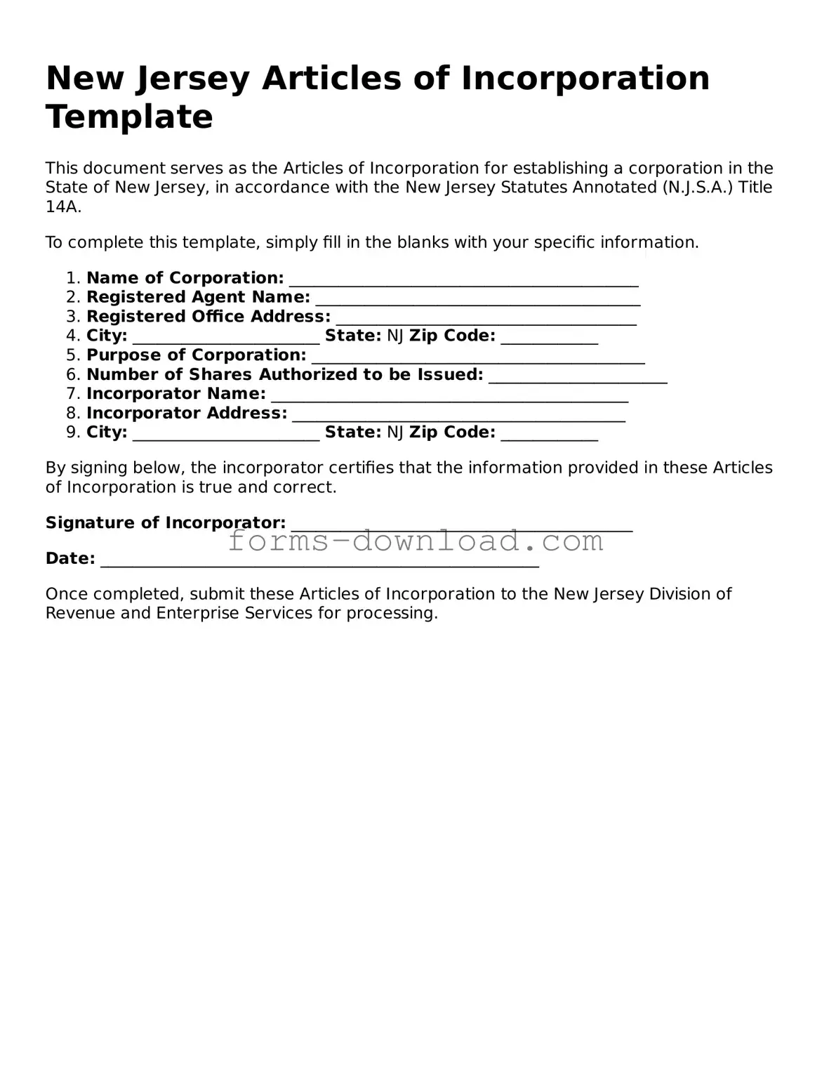 Attorney-Approved Articles of Incorporation Document for the State of New Jersey