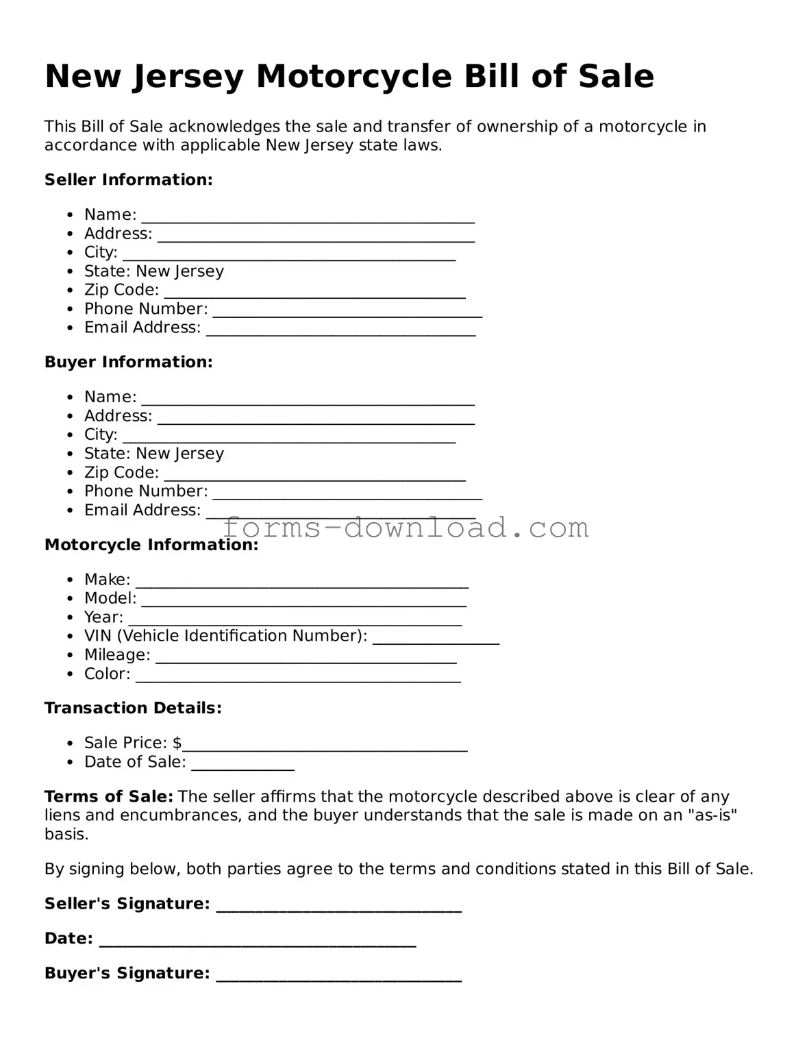 Attorney-Approved Motorcycle Bill of Sale Document for the State of New Jersey