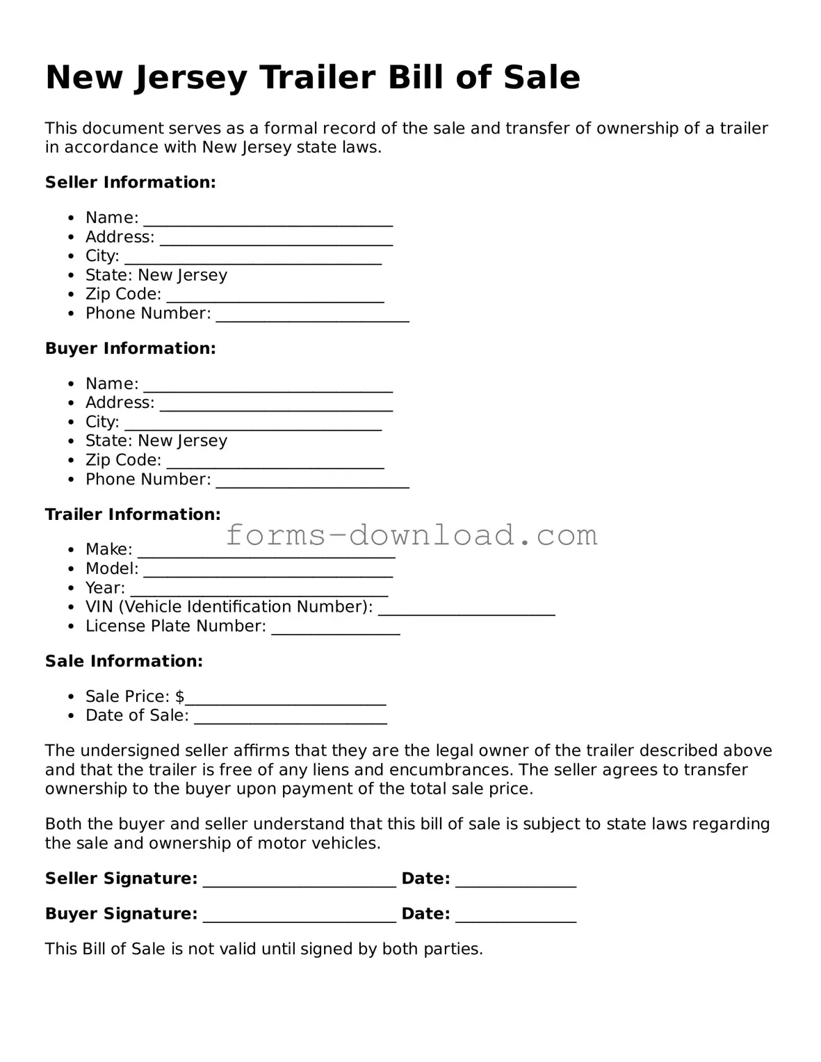 Attorney-Approved Trailer Bill of Sale Document for the State of New Jersey