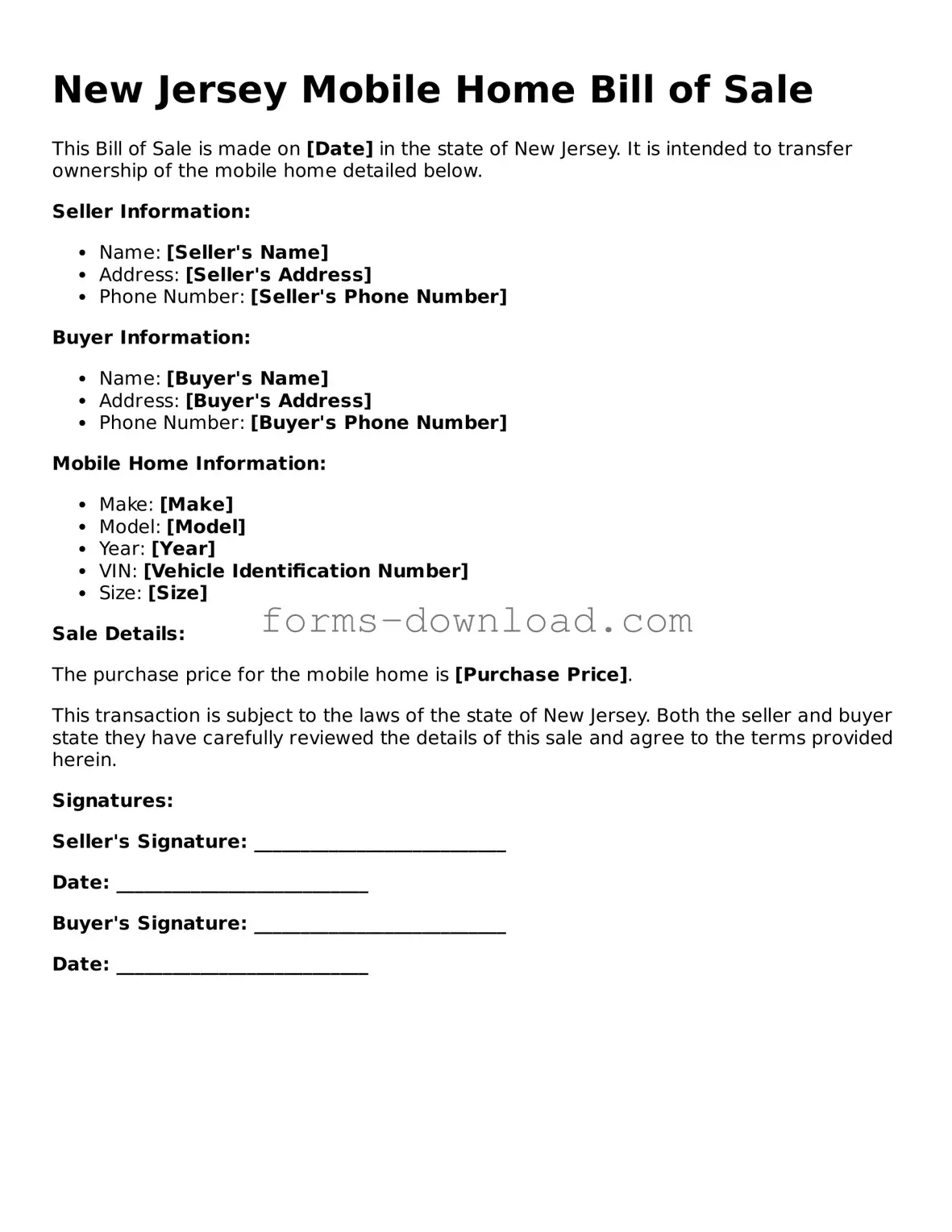 Attorney-Approved Mobile Home Bill of Sale Document for the State of New Jersey