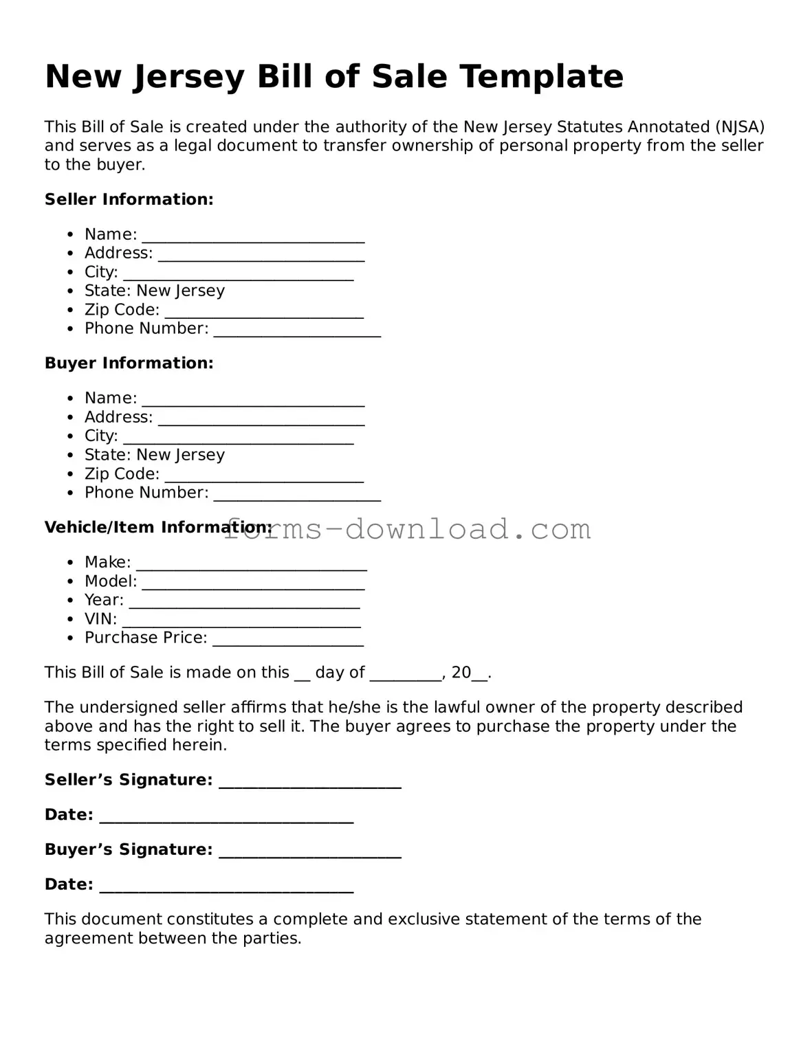 Attorney-Approved Bill of Sale Document for the State of New Jersey