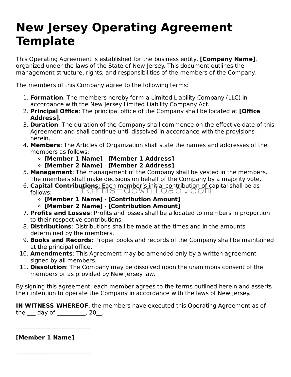 Attorney-Approved Operating Agreement Document for the State of New Jersey