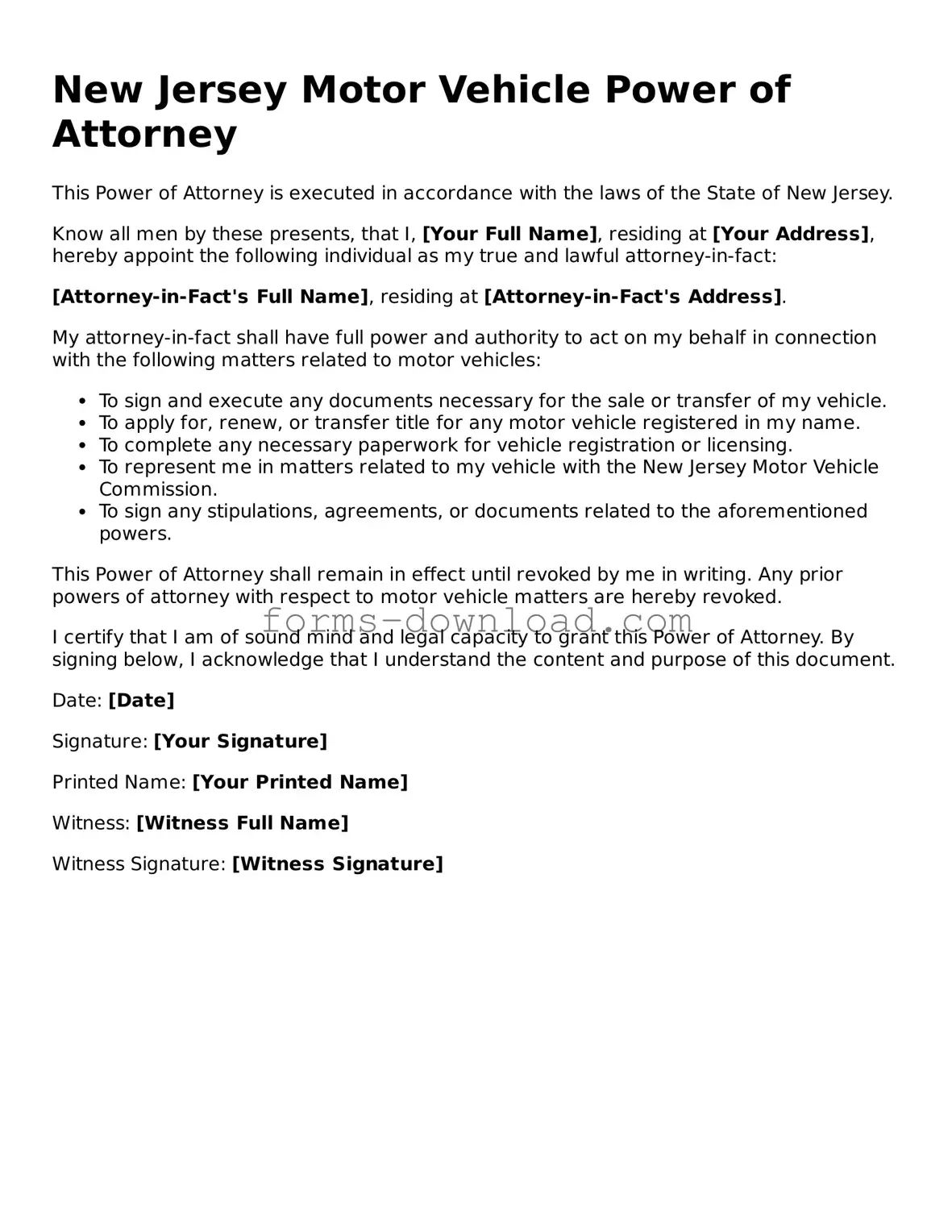 Attorney-Approved Motor Vehicle Power of Attorney Document for the State of New Jersey