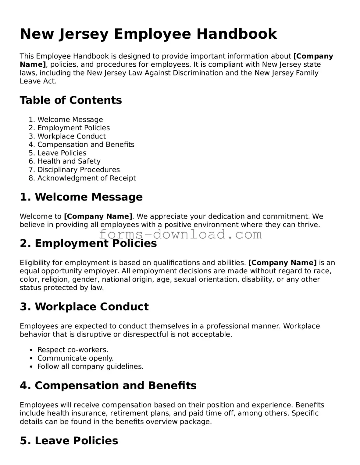 Attorney-Approved Employee Handbook Document for the State of New Jersey
