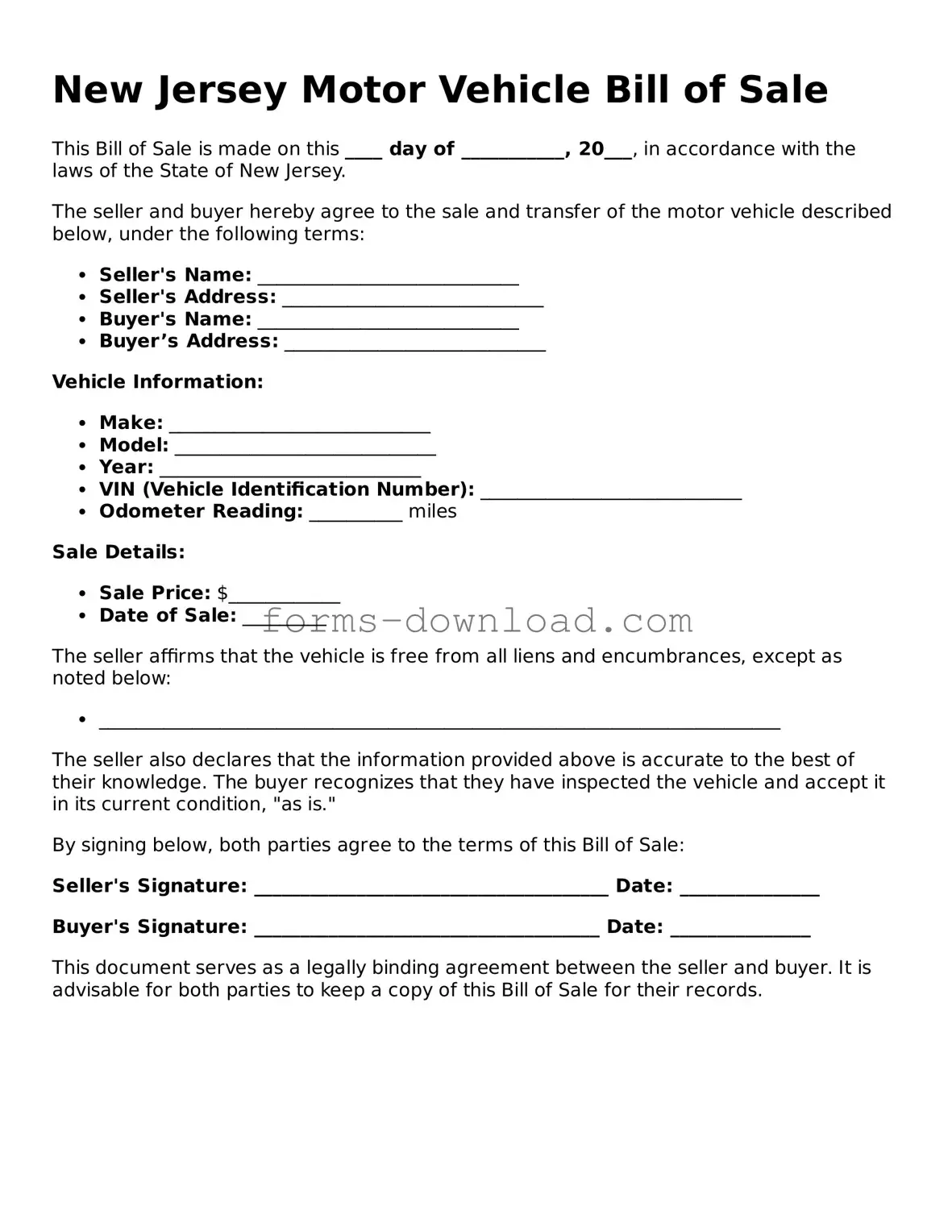 Attorney-Approved Motor Vehicle Bill of Sale Document for the State of New Jersey