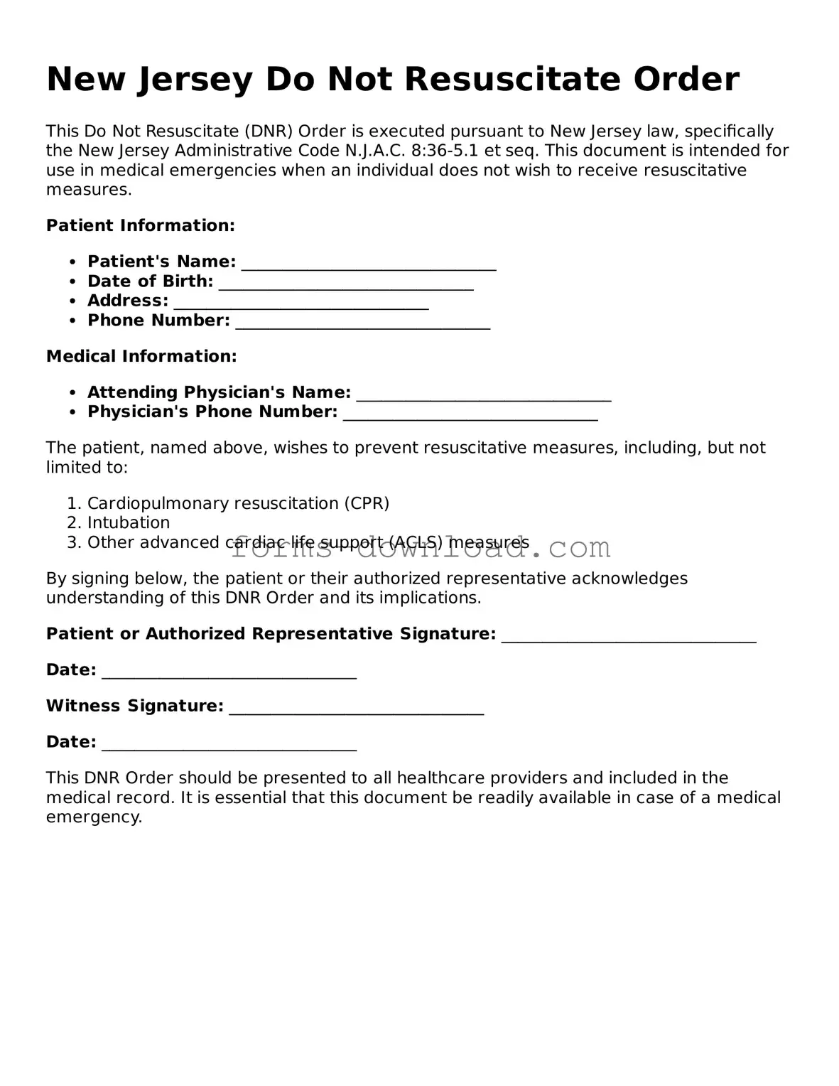 Attorney-Approved Do Not Resuscitate Order Document for the State of New Jersey