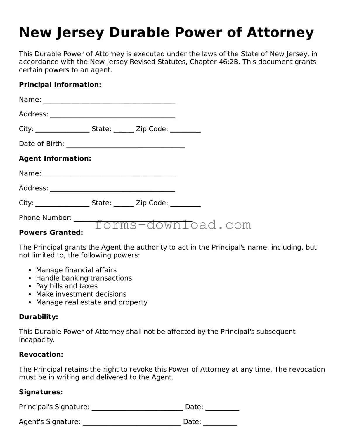 Attorney-Approved Durable Power of Attorney Document for the State of New Jersey