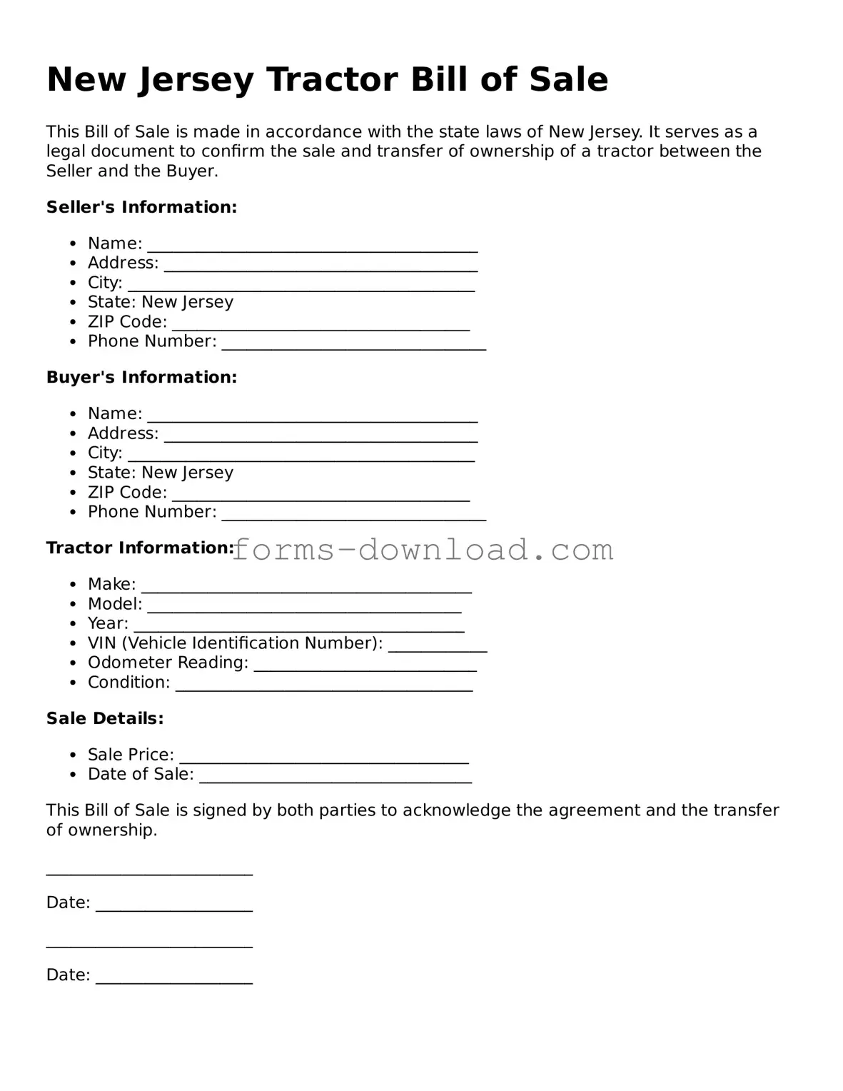 Attorney-Approved Tractor Bill of Sale Document for the State of New Jersey